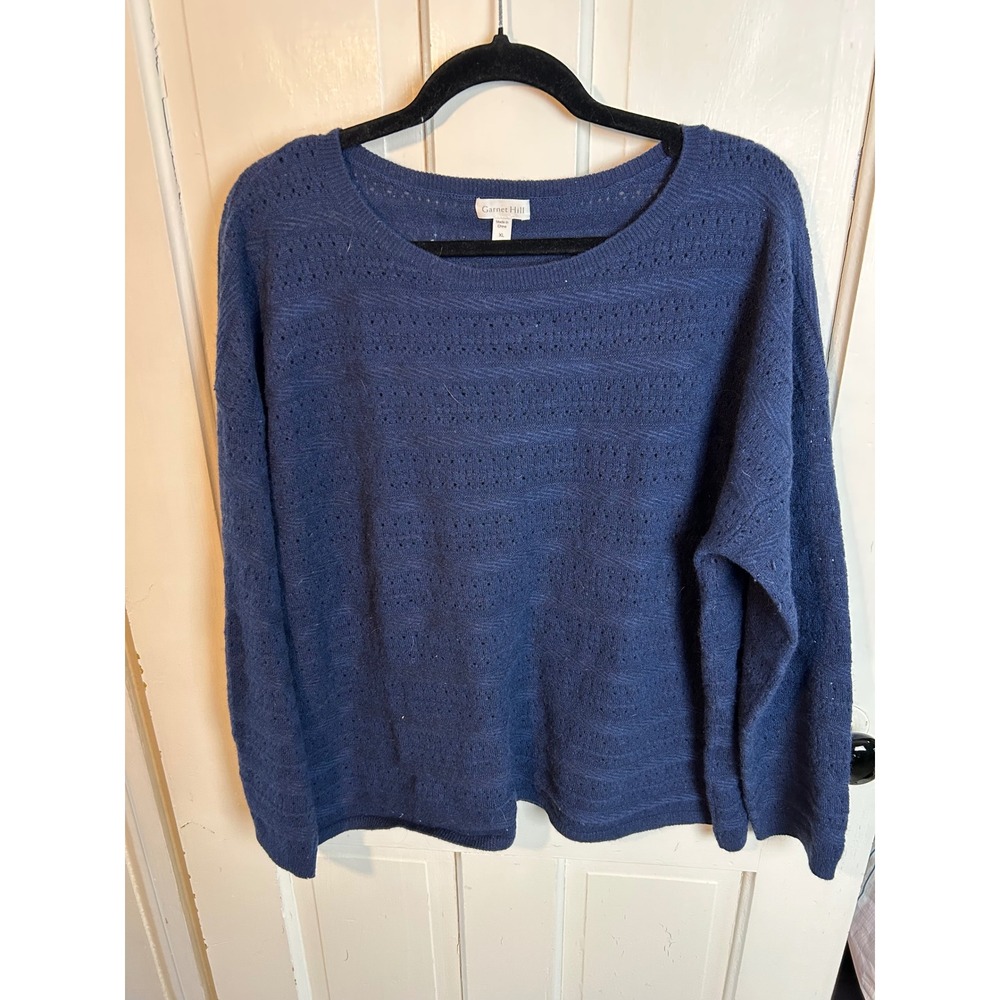 Garnet Hill 100% Cashmere Navy Blue Pointelle Knit Sweater Womens XL 47571